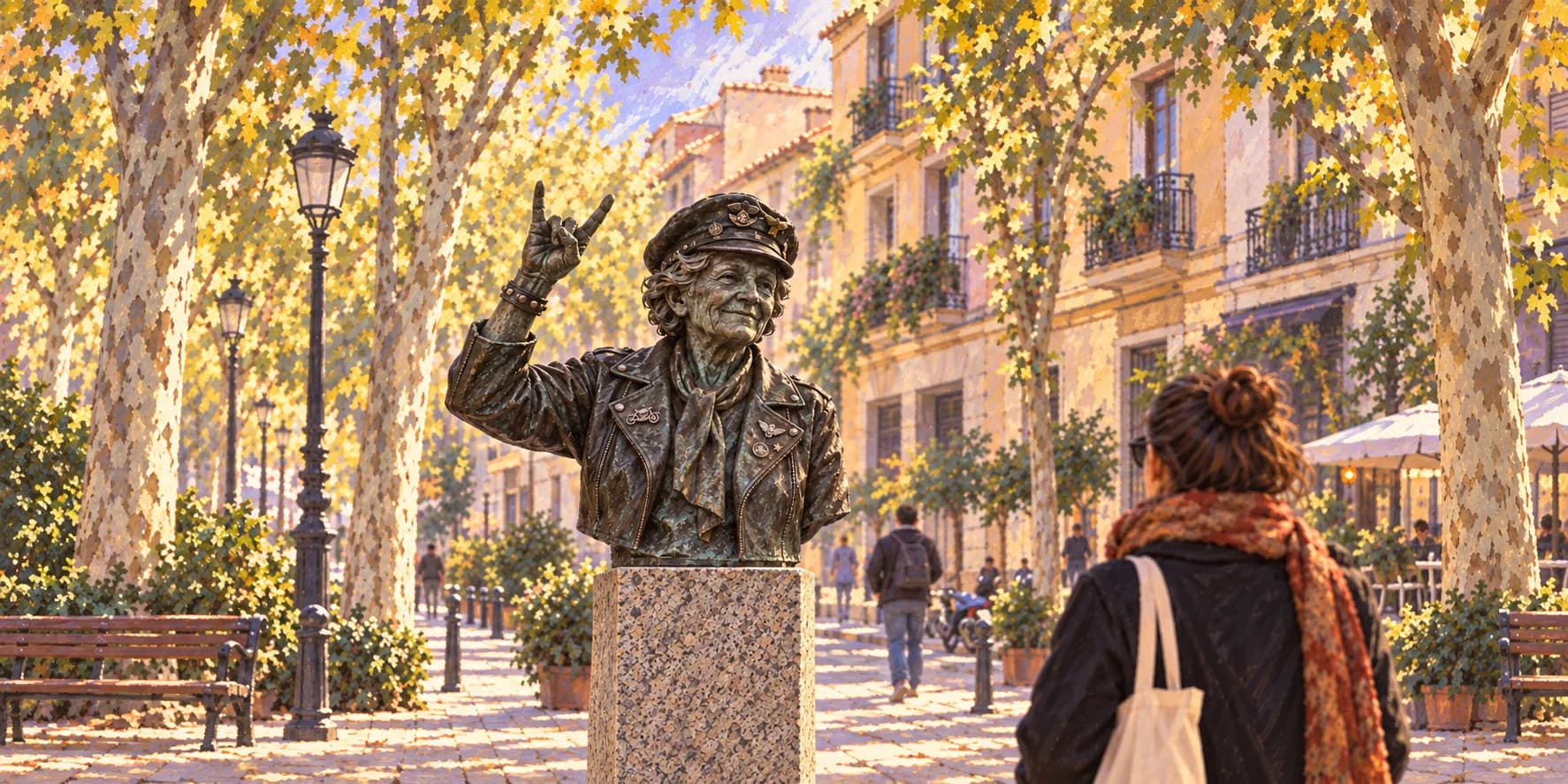 Painted interpretation of Rocker Grandma's bronze bust, with peaked cap, scarf, leather jacket and raised right hand on a granite pedestal; surroundings are imagined