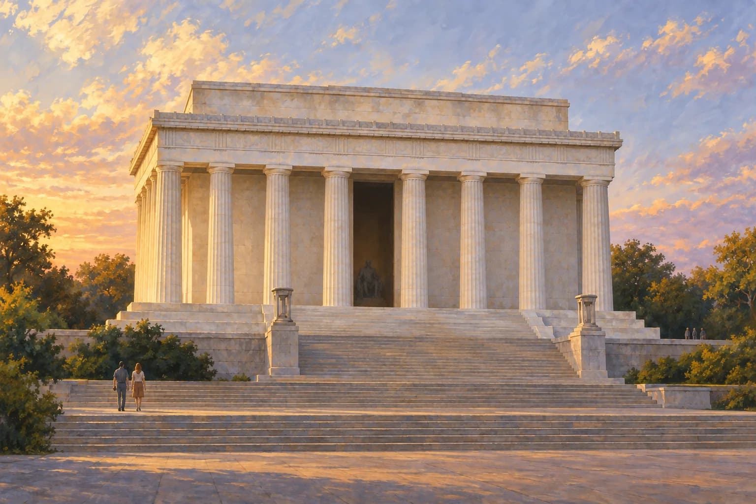Illustration of the Lincoln Memorial with its Doric colonnade and broad approach steps in warm evening light