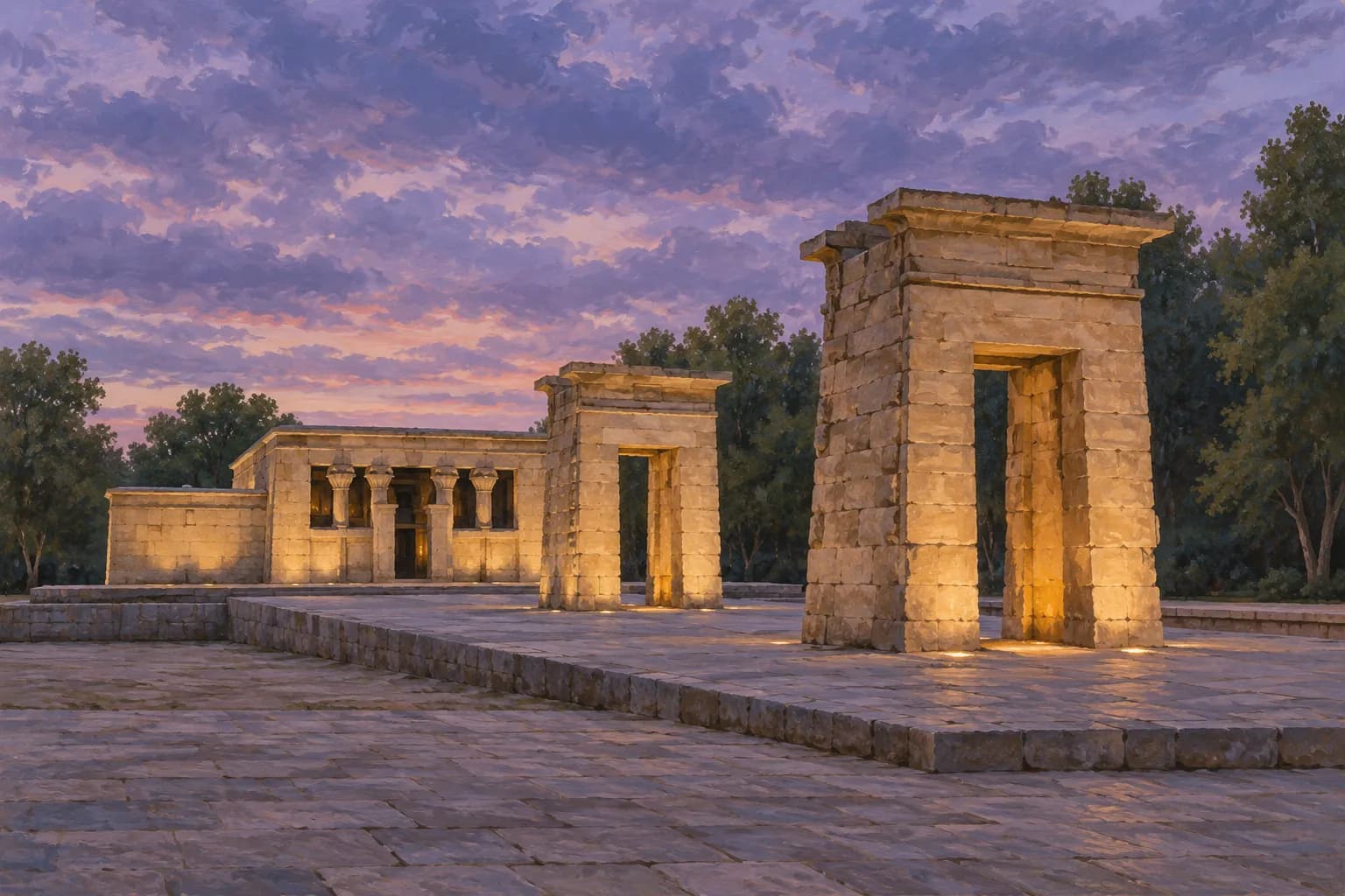 Ilustración de Debod al caer la tarde en Madrid: dos portales de piedra y, detrás, el templo bajo con cuatro columnas