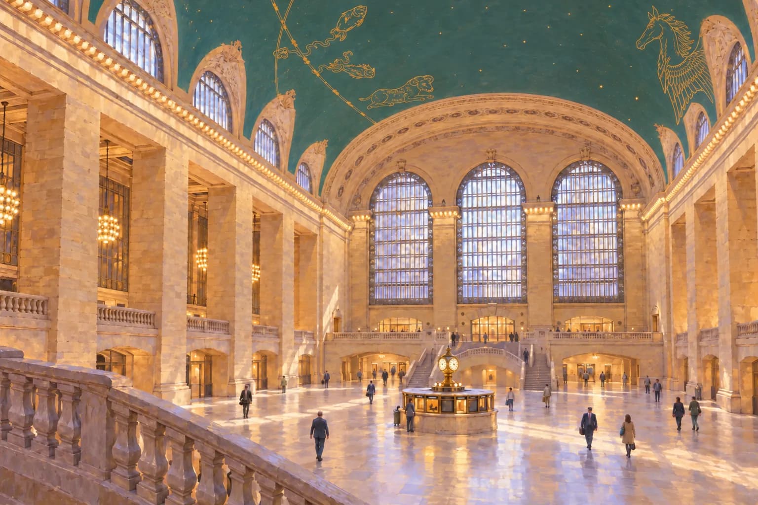 Ilustración del vestíbulo de Grand Central con su bóveda verde azulada, grandes ventanas arqueadas y el pequeño reloj central