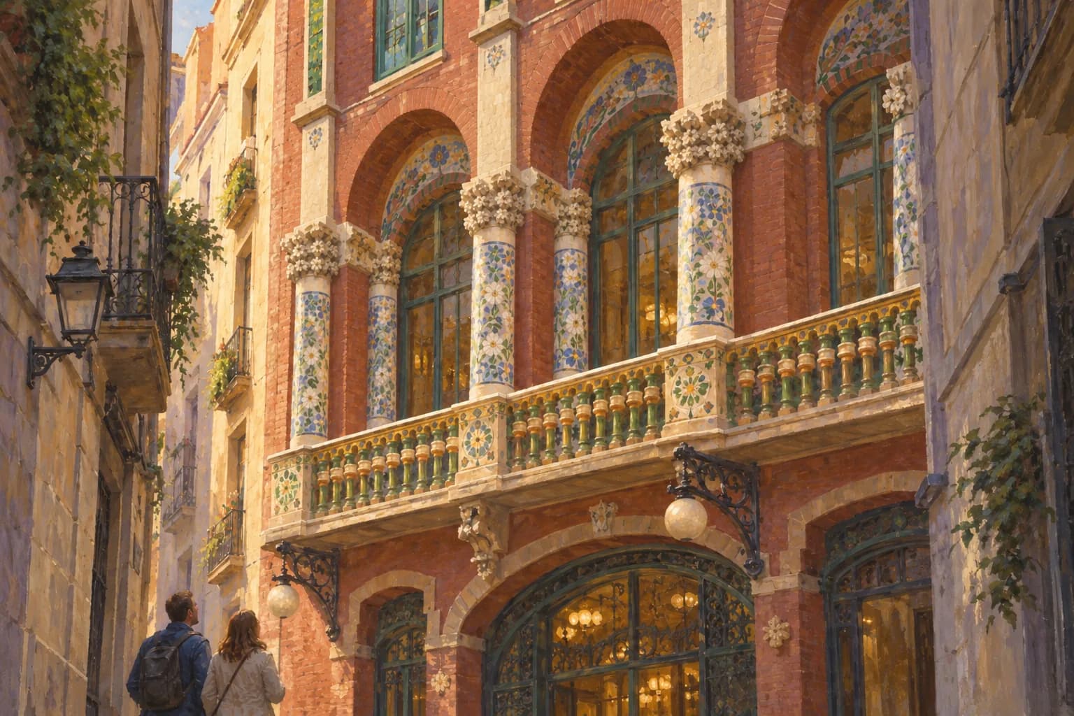 Ilustración de un detalle de la fachada de ladrillo y mosaicos del Palau de la Música, con peatones que se detienen a mirarla