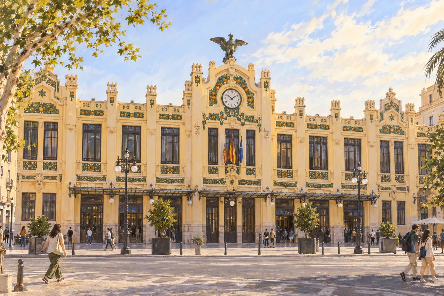 Ilustración de la fachada modernista de la Estació del Nord de Valencia, con cerámicas verdes y reloj central