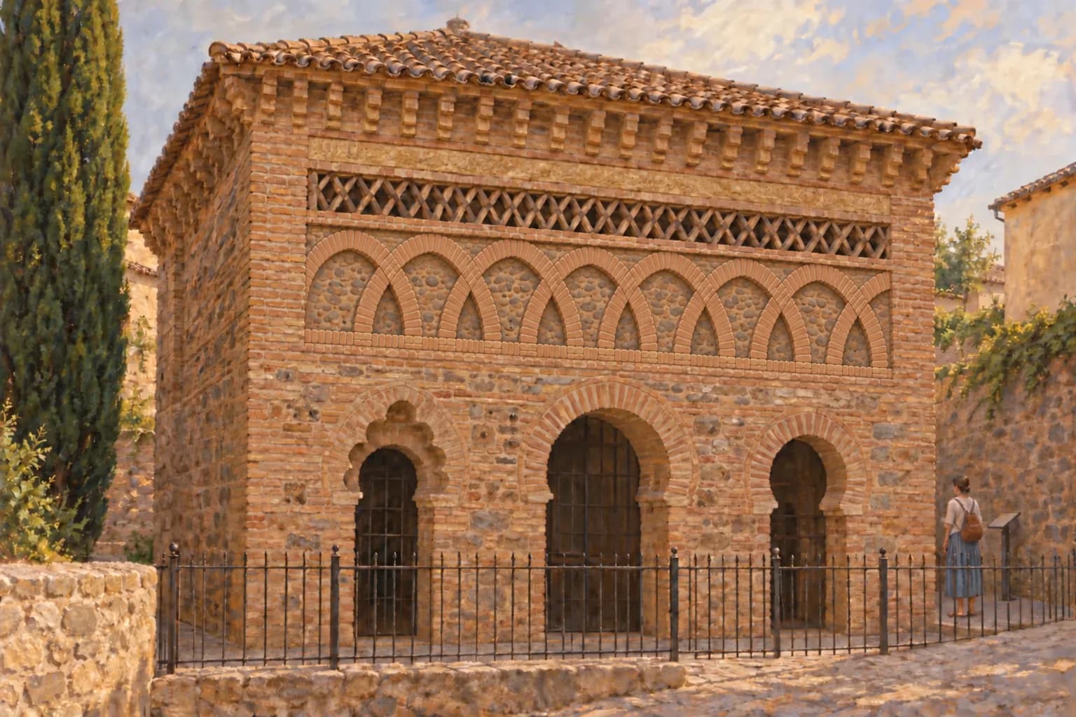 Illustrazione del piccolo edificio del Cristo de la Luz con mattoni, archi e tetto di tegole
