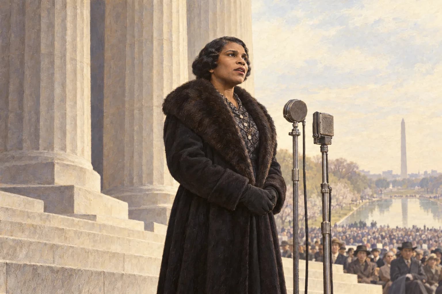 Evocazione illustrata di Marian Anderson che canta nei microfoni d'epoca al Lincoln Memorial