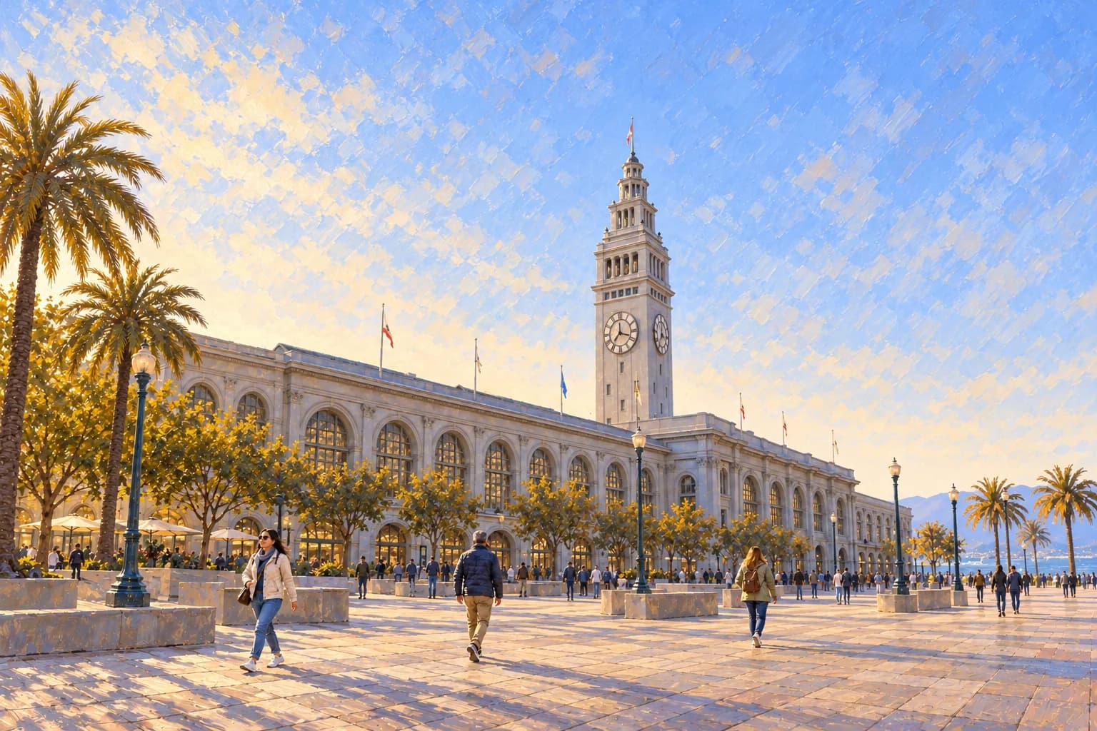 Illustrazione della torre dell'orologio del Ferry Building e di persone che attraversano la piazza