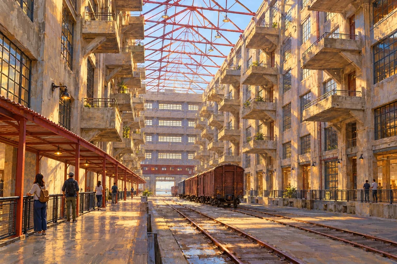 Illustrazione dell’atrio industriale di Brooklyn Army Terminal, con balconi sfalsati e struttura in acciaio