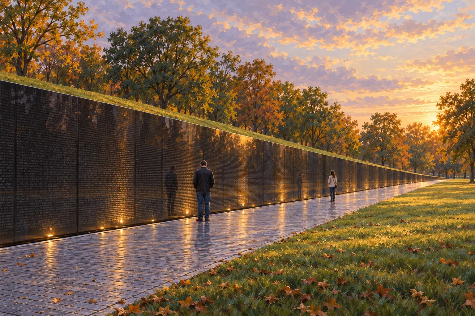 Illustrazione di un’ala del memoriale del Vietnam: granito nero lucido, pendio erboso e visitatori sul sentiero