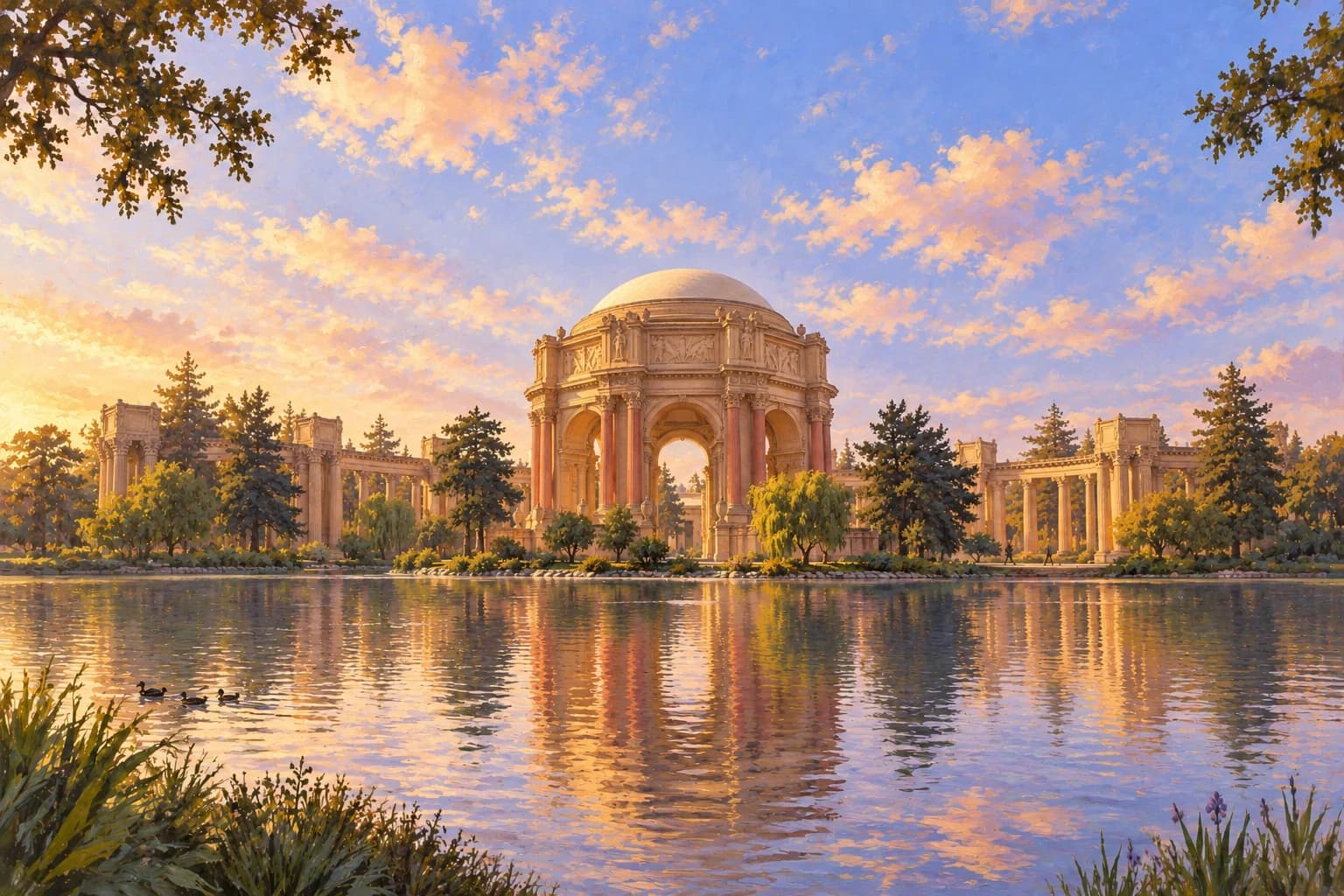 Illustrazione della rotonda aperta del Palace of Fine Arts riflessa nella laguna di San Francisco
