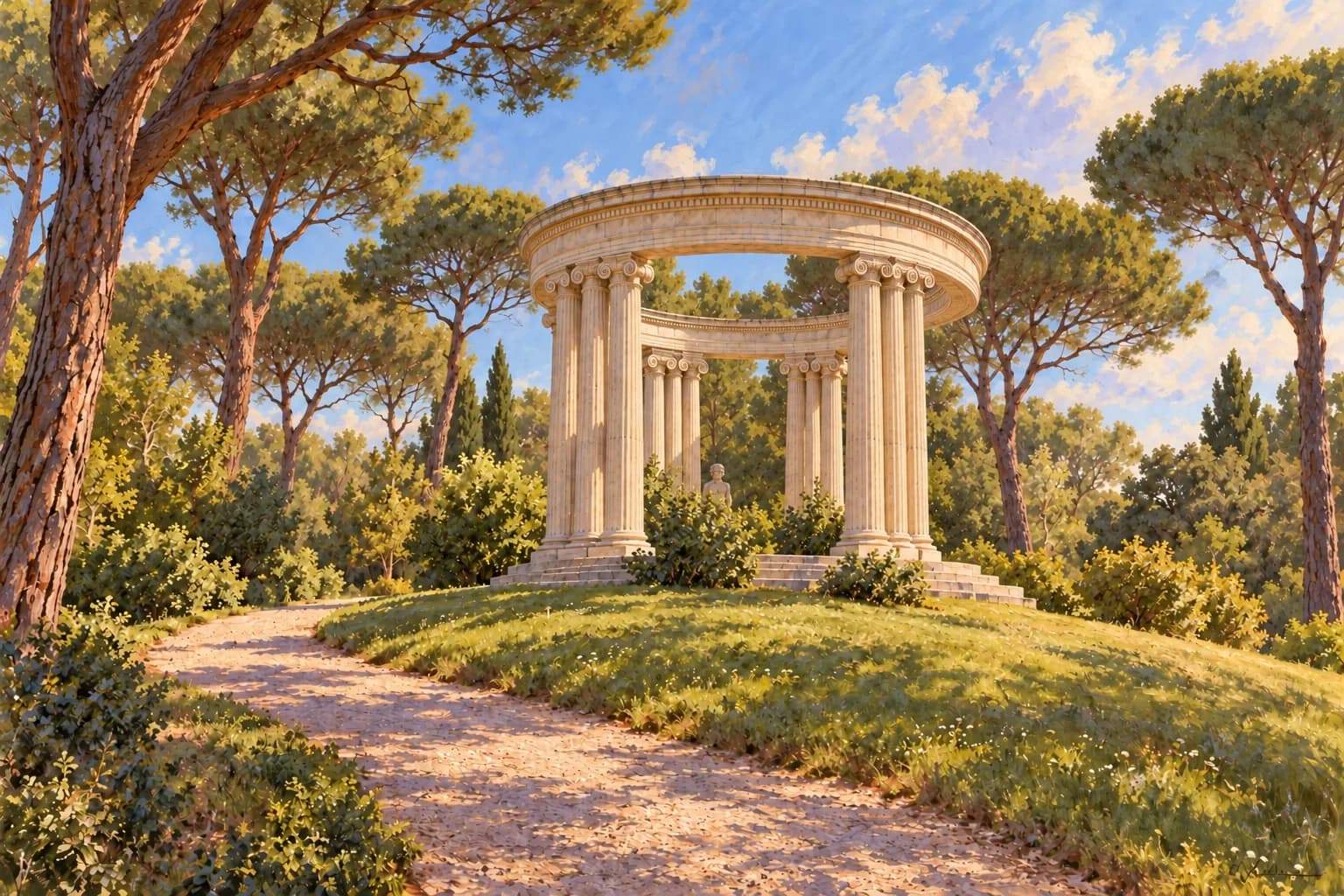 Illustrazione del tempietto di Bacco senza copertura su un’altura alberata di El Capricho.