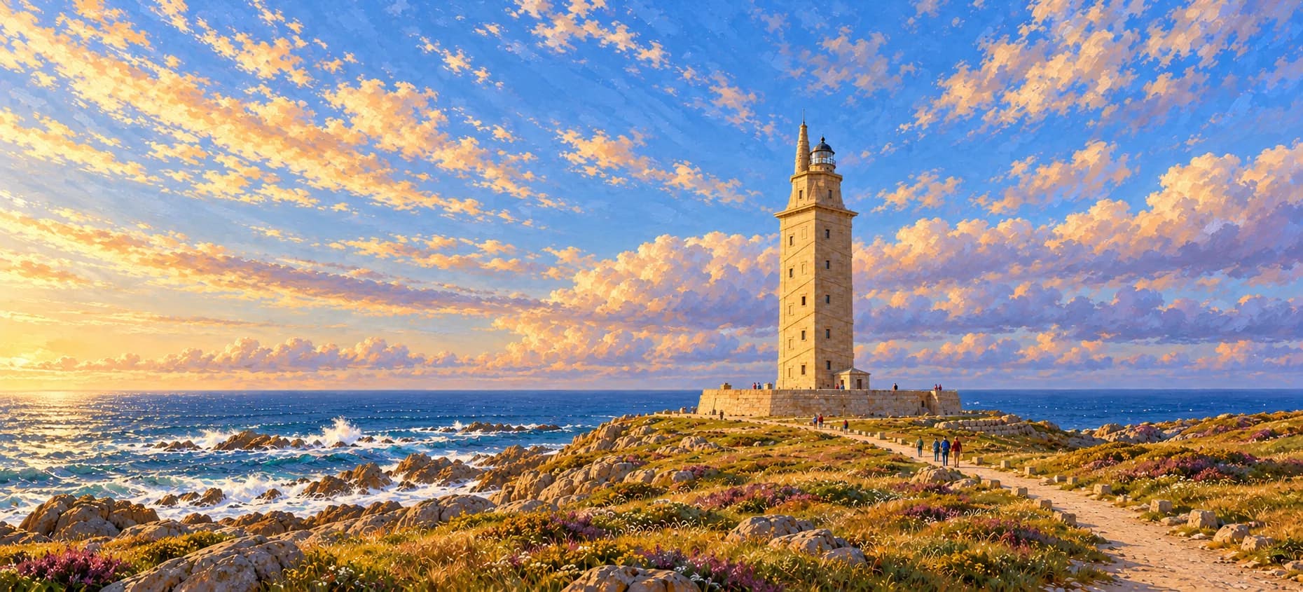 La Torre di Ercole sul promontorio costiero: fusto quadrato di granito, parte superiore ottagonale e lanterna accanto all’alto parafulmine.