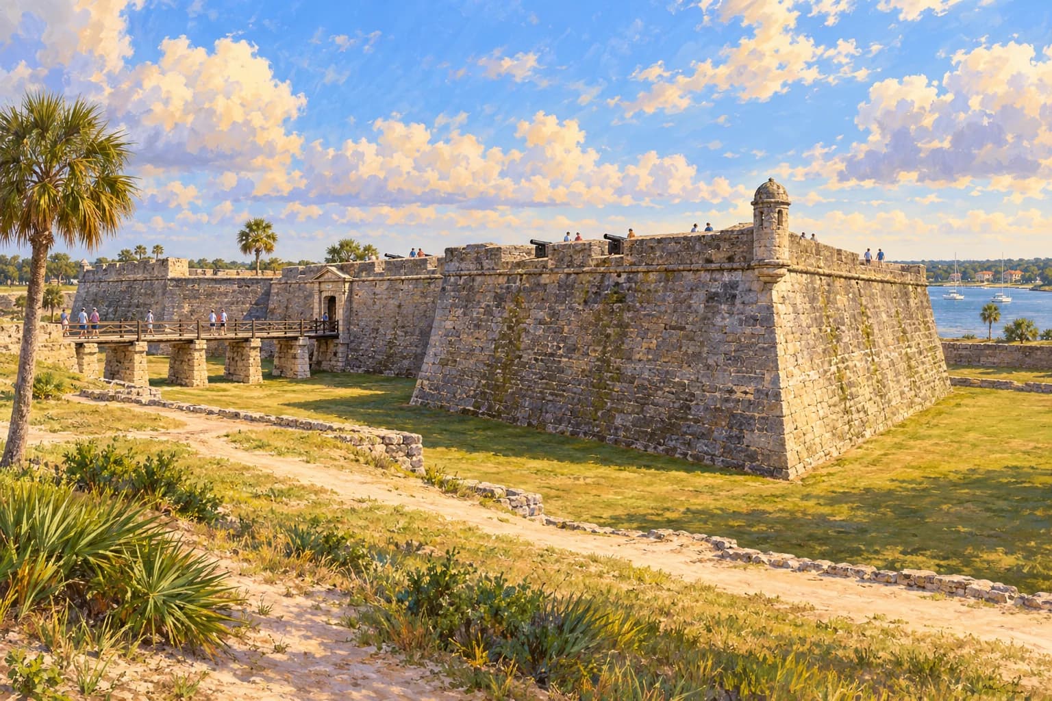 Illustrazione del Castillo de San Marcos con un bastione dalle pareti inclinate, una garitta e un ponte sul fossato asciutto.