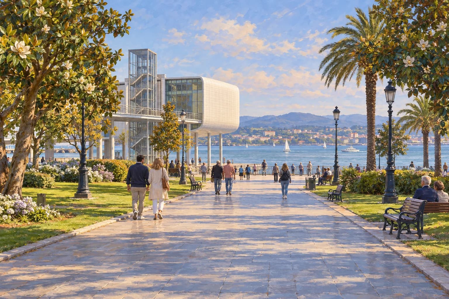Passeggiata illustrata nei Jardines de Pereda verso la baia e l’architettura rialzata del Centro Botín.