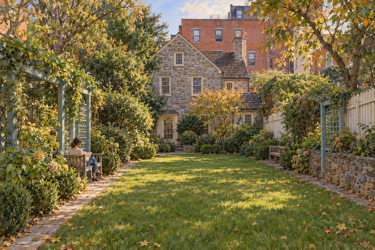 Interpretazione del giardino allungato di Old Stone House, con la piccola casa di pietra sul fondo e gli edifici cittadini alle spalle.