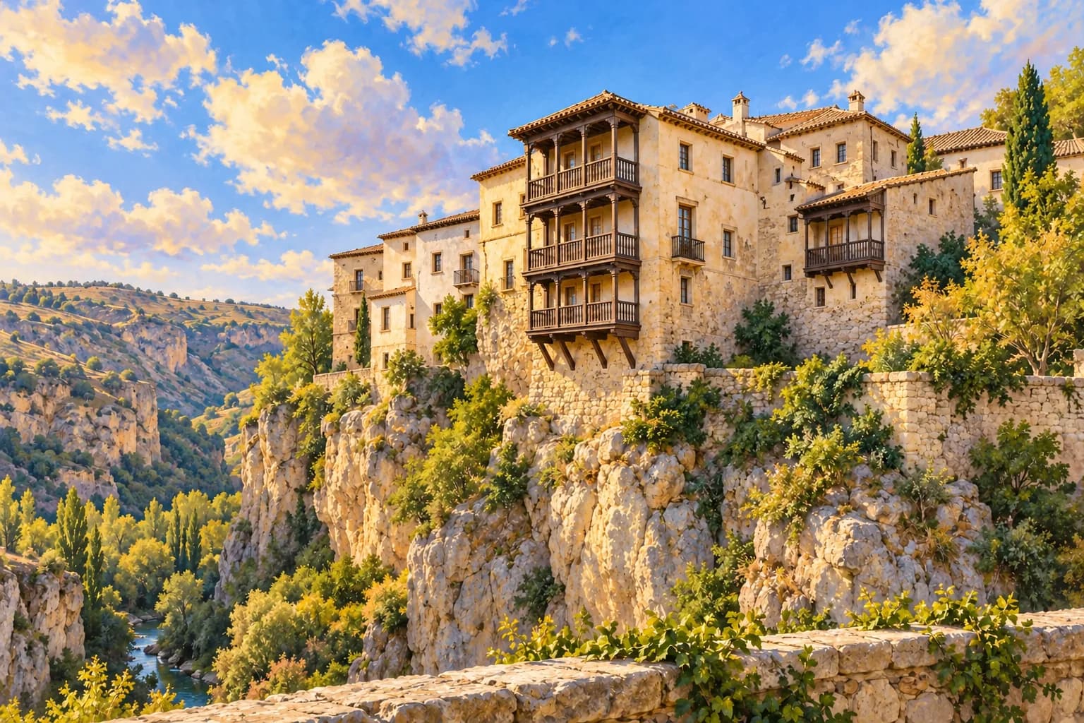 Interprétation des Casas Colgadas sur la roche du Huécar, avec leurs murs clairs et leurs balcons de bois reliés à la maçonnerie.