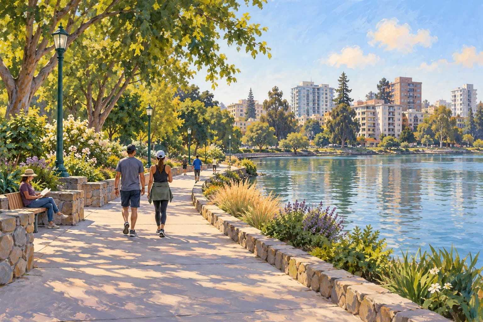 Interpretación ilustrada de un paseo arbolado junto a Lake Merritt, con personas caminando y edificios de Oakland al otro lado del agua.
